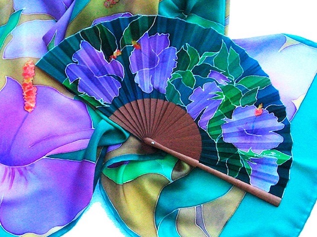 panuelo abanico flor lila Maria Jose R Abanicos y Pañuelos pintados Sobre seda natural Imagenes y Arte