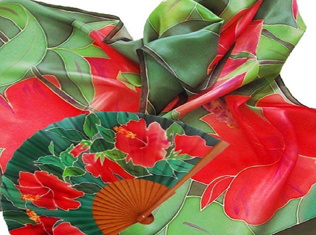 panuelo abanico flor roja Maria Jose R Abanicos y Pañuelos pintados Sobre seda natural Imagenes y Arte