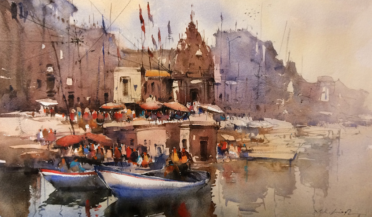barcazas en el rio Nitin Singh Acuarelas de la India imagenes y arte
