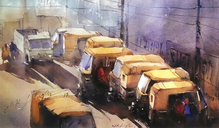 camiones aparcados Nitin Singh Acuarelas de la India imagenes y arte